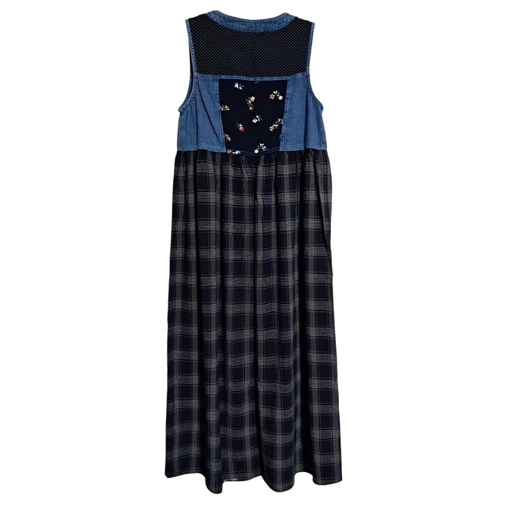 Vintage Carole Little Sport 6 Petite Denim Plaid Maxi Dress Modest Jumper Floral - Picture 2 of 10